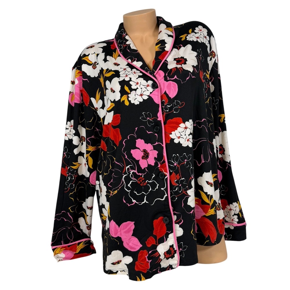 Room Service Women XXL Floral Pajama Top Black Pink Button Front Sleep Shirt NEW